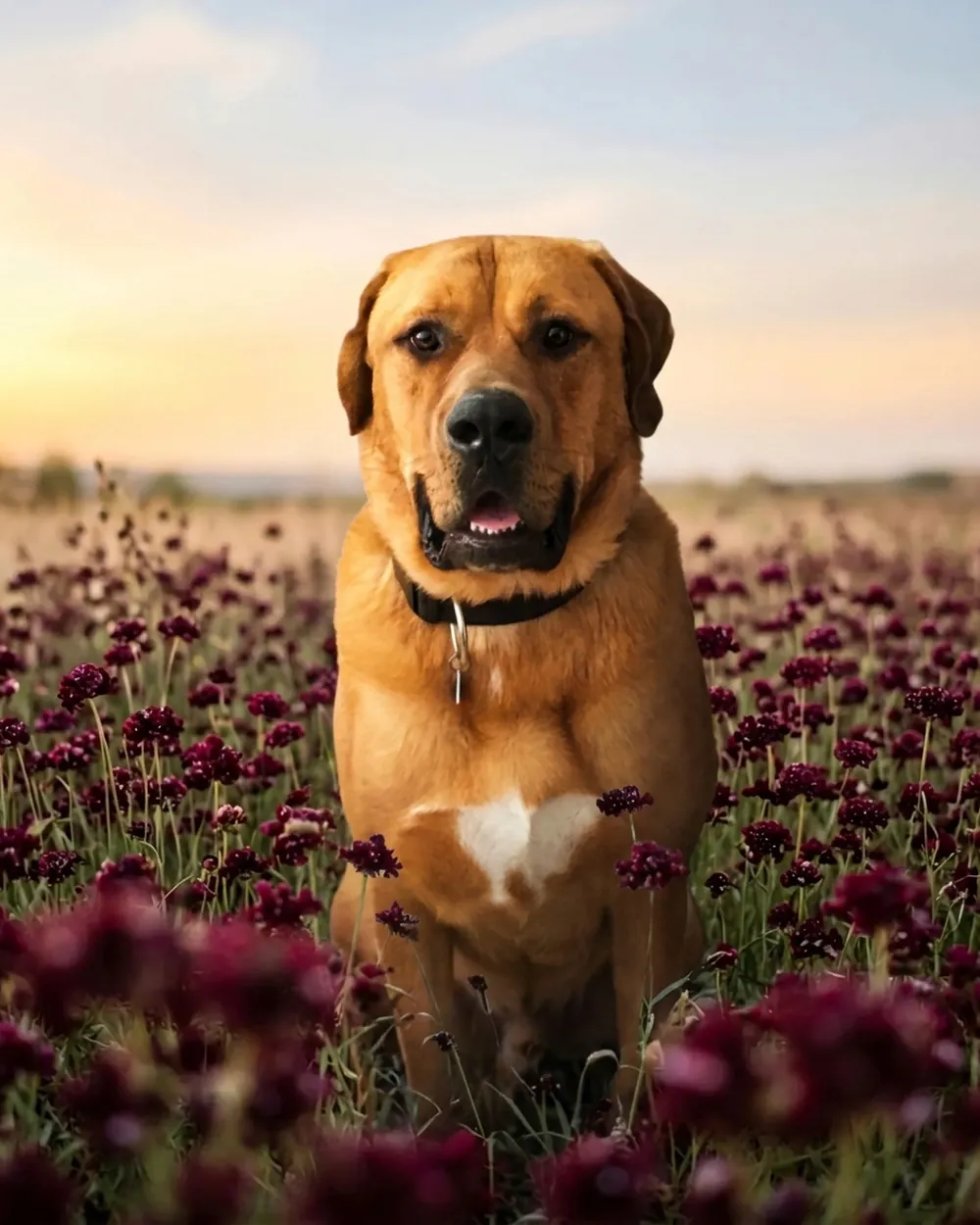 A happy golden mastiff mix sitting in a meadow of deep red wildflowers at sunset